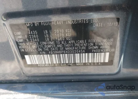 2013 Subaru Legacy 2.5I Limited из США, поврежденный, VIN 4S3BMBP6XD3020456